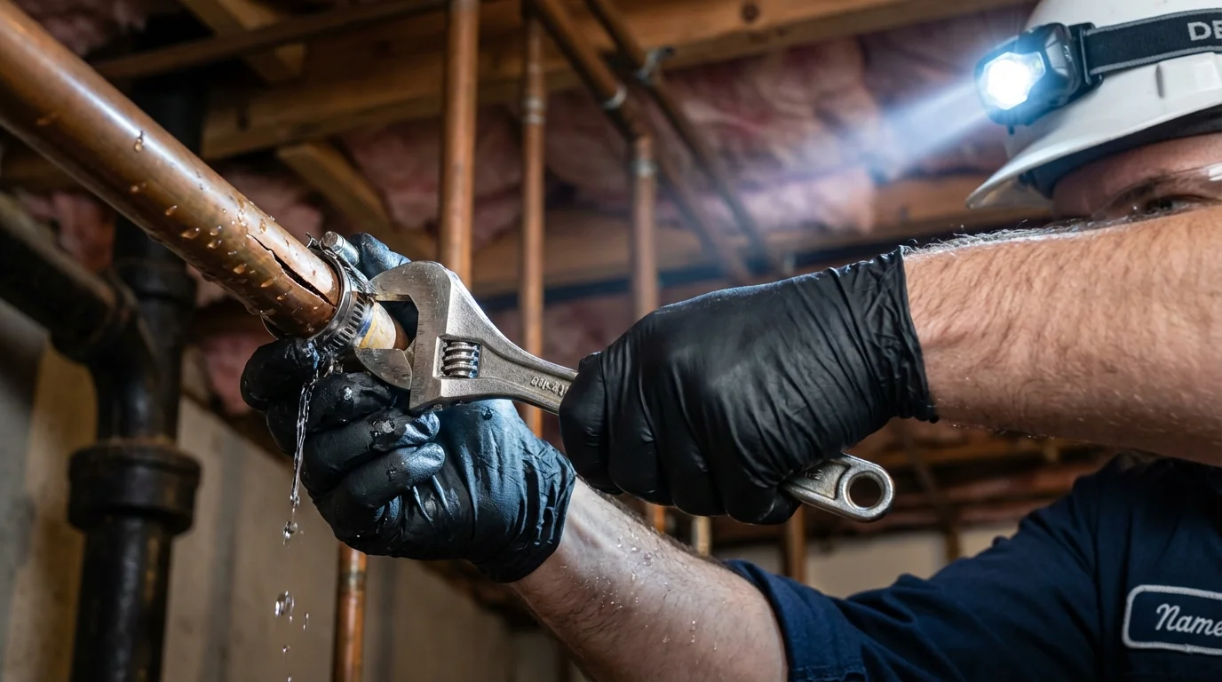 Emergency pipe clamp repair being performed by a Johns Plumbing LLC plumber in Fair Oaks